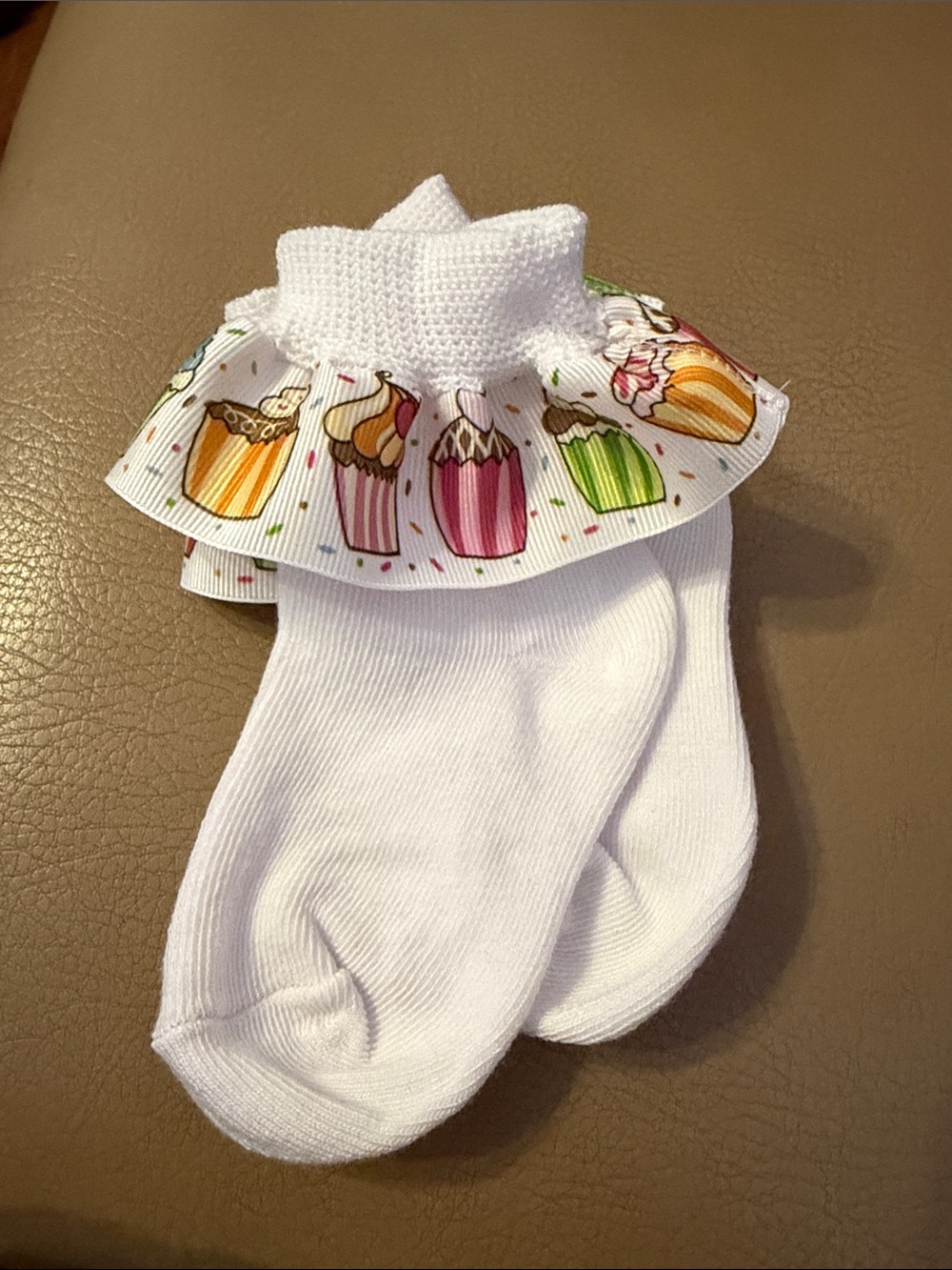 Hand Crafted White Baby Socks with Colorful Cupcake Ruffle
